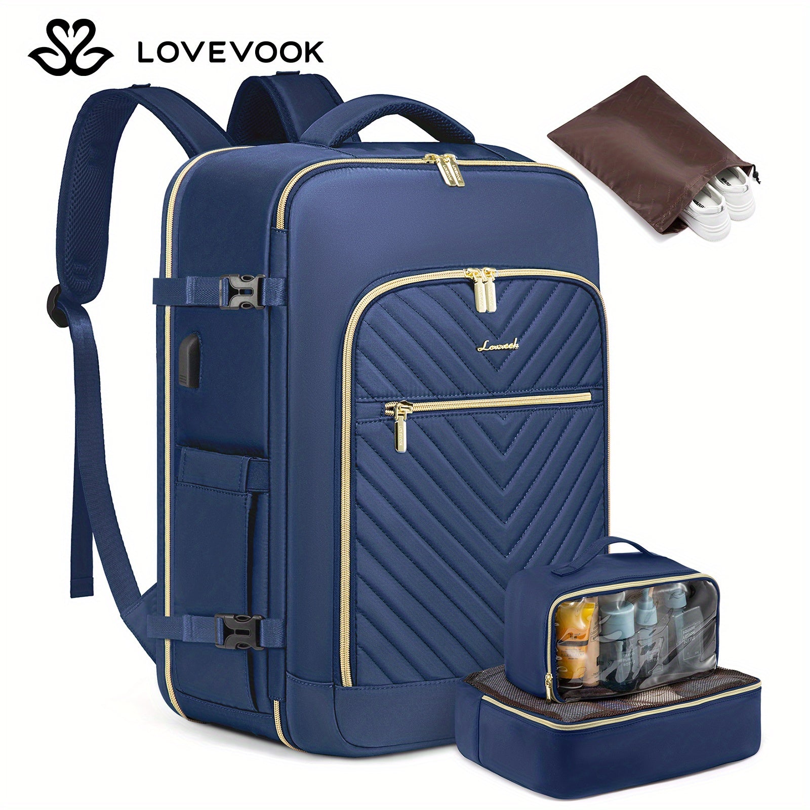 LOVEVOOK Large Travel Backpack for Women, Carry on Backpack Flight Approved with Shoe Bag, Personal Item Backpack Travel Bag with 2 Storage Containers, TSA Fit 17inch Laptop Luggage with USB Port